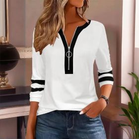 Women's Zip-Up Round Neck Long Sleeve Sweatshirt With Color Block Stripes - Casual Pullover Top For Spring&Fall (Option: White-M)