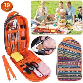 19Pcs Camping Cooking Utensil Kit Portable Picnic Cookware Outdoor Kitchen Equipment Gear Campfire Barbecue Appliances with Storage Bag (Color: as picture)