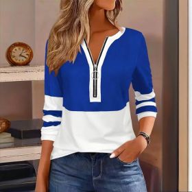 Women's Zip-Up Round Neck Long Sleeve Sweatshirt With Color Block Stripes - Casual Pullover Top For Spring&Fall (Option: Blue-S)